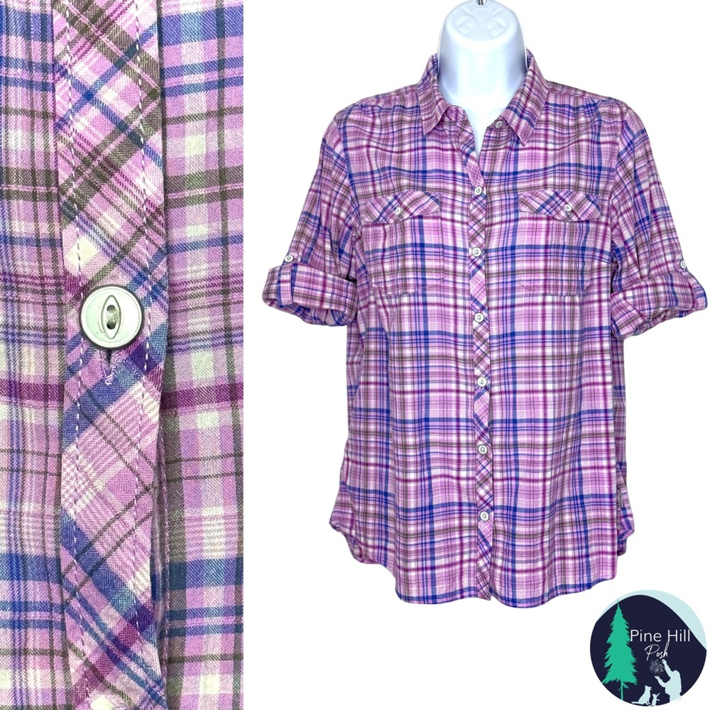 Eddie Bauer Button-up Shirt Sz MP PM Plaid Pink Blue Roll Tab Sleeve Lightweight